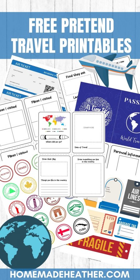 Pretend to travel free printables with passport, and travel journal pages.