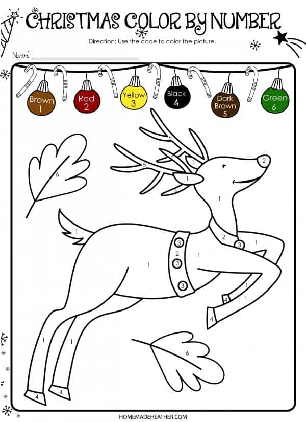 A leaping reindeer color by number printable.