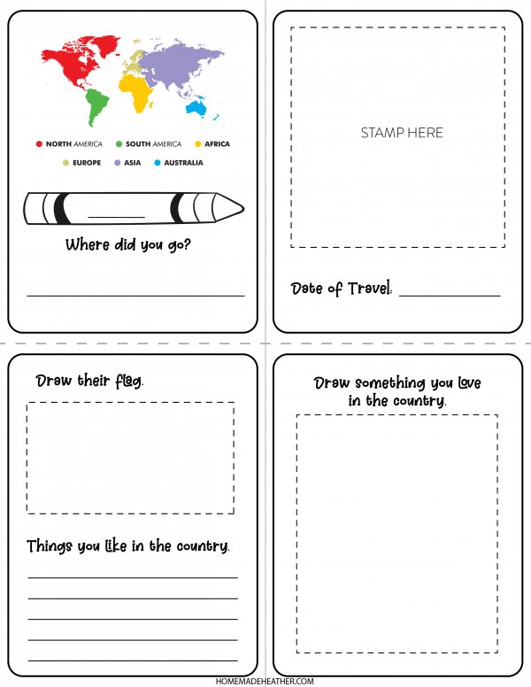 Pretend passport pages with space to draw a flag of the country visited, and write what you love to do in that country, and which continent the country is a part of free printable.