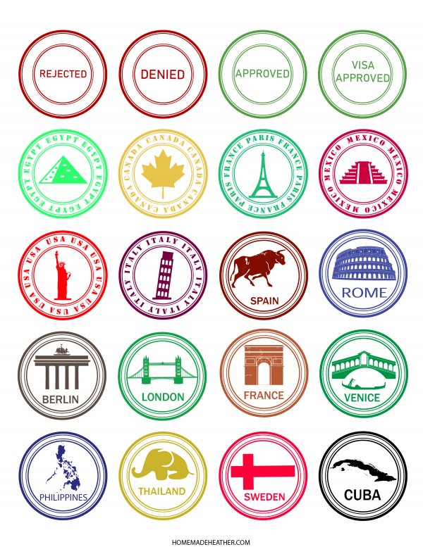 Free pretend travel printable passport stamps.