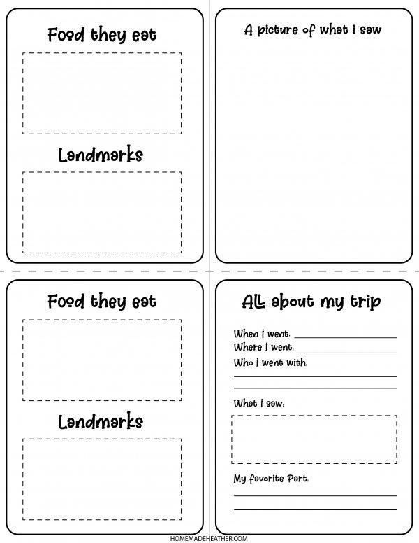 Pretend to travel journal pages with space to write about food eaten, things saw, and landmarks free printables.