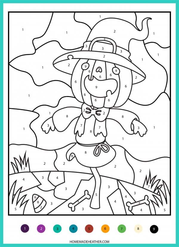 beach activity set Halloween scarecrow color by number printable.