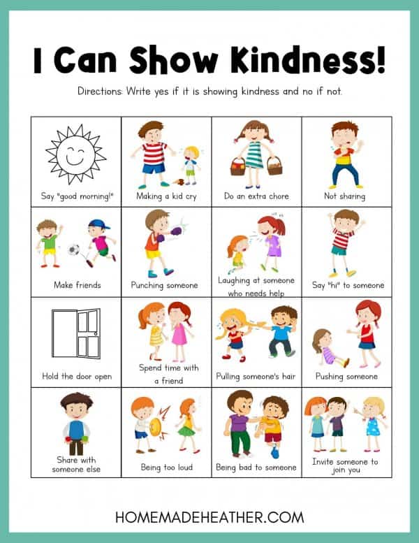 Sixteen images that show actions that are kind and not kind such as not sharing and doing an extra chore printable.
