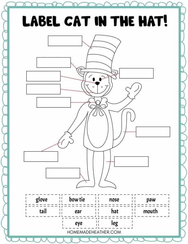 Label the parts of the Cat in the Hat free printable.