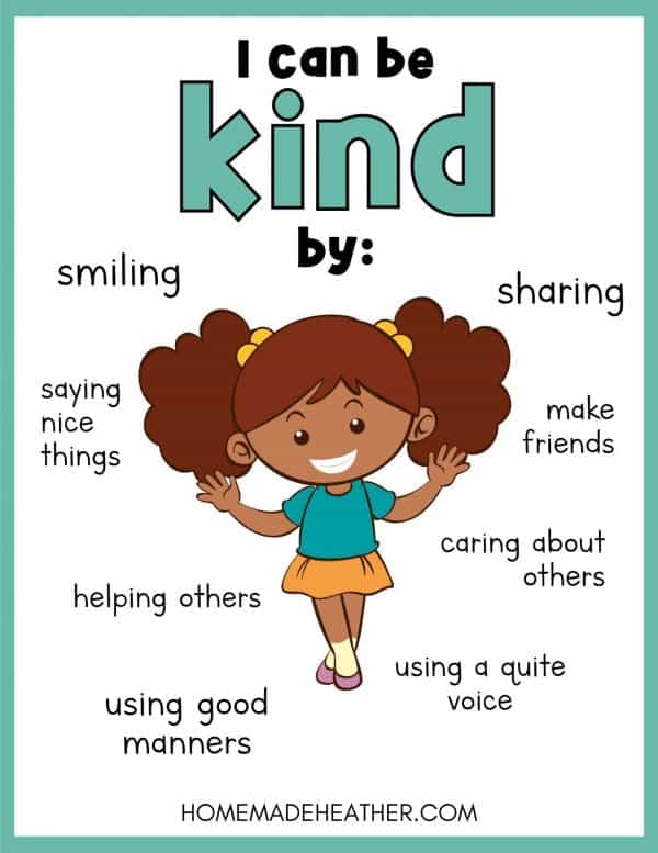 Girl with different ways that she can be kind suck as smiling, sharing, and helping others printable.