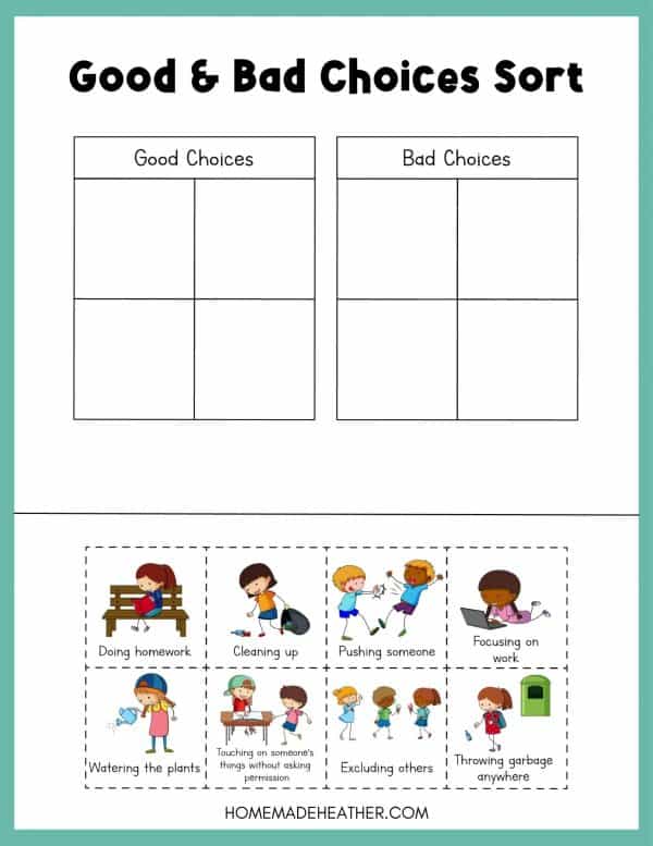 Sort good and bad choices free kindness activity printable.