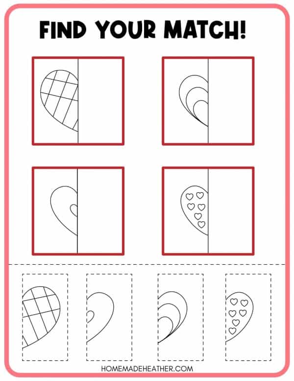 beach activity set Find the other half of a heart cut and paste free Valentine activity printable.