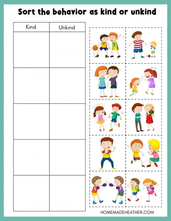Cut, sort, and paste kind actions such as giving a gift and unkind actions like throwing an ice cream in the ground with this Kindness Activity Printable