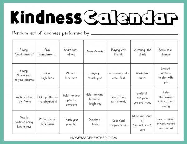 A free kindness calendar to mark off an activity each day.