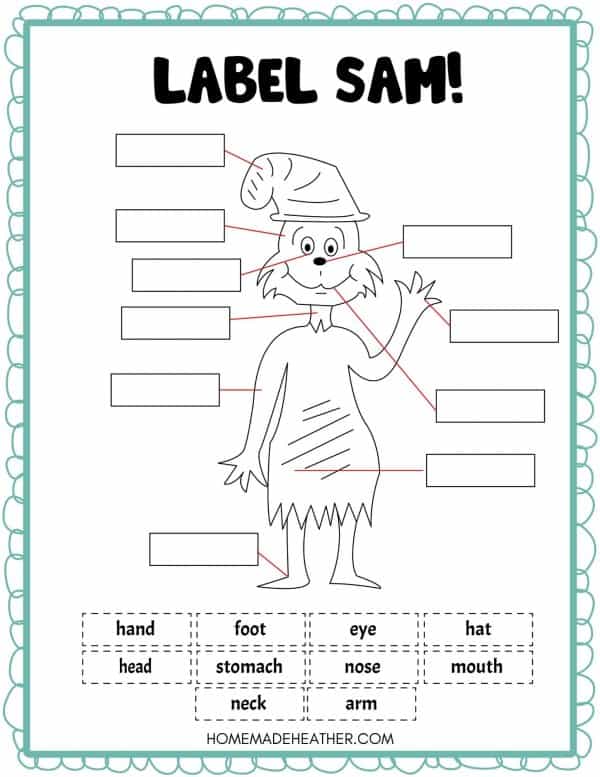 Label the body parts of Sam from Green Eggs and Ham cut and paste printable.