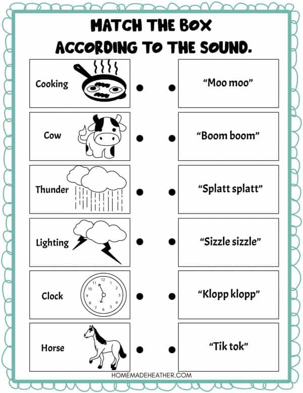 Match the action or object to the sound Cat in the Hat printables.