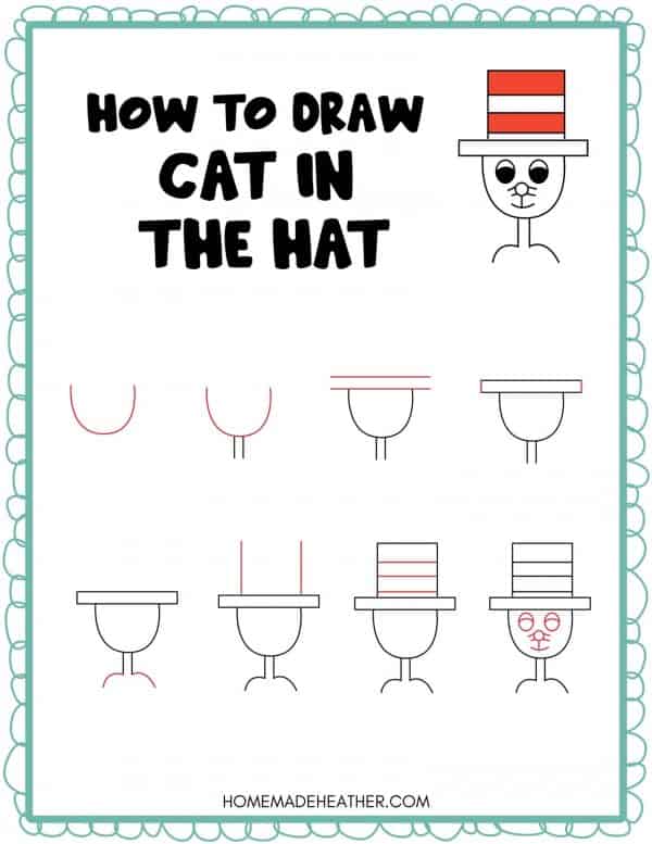 The steps of how to draw Dr. Seuss Cat in the Hat printable.