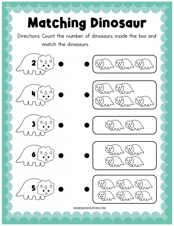 Count the number of dinosaurs in each box and match the numbers on the other dinosaurs printable activity page.