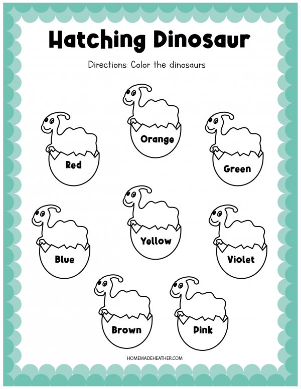 Color the dinosaur the color written on the egg printable.