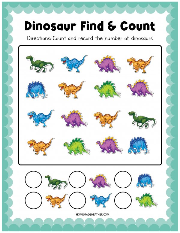 Dinosaur find and count printable activity page.