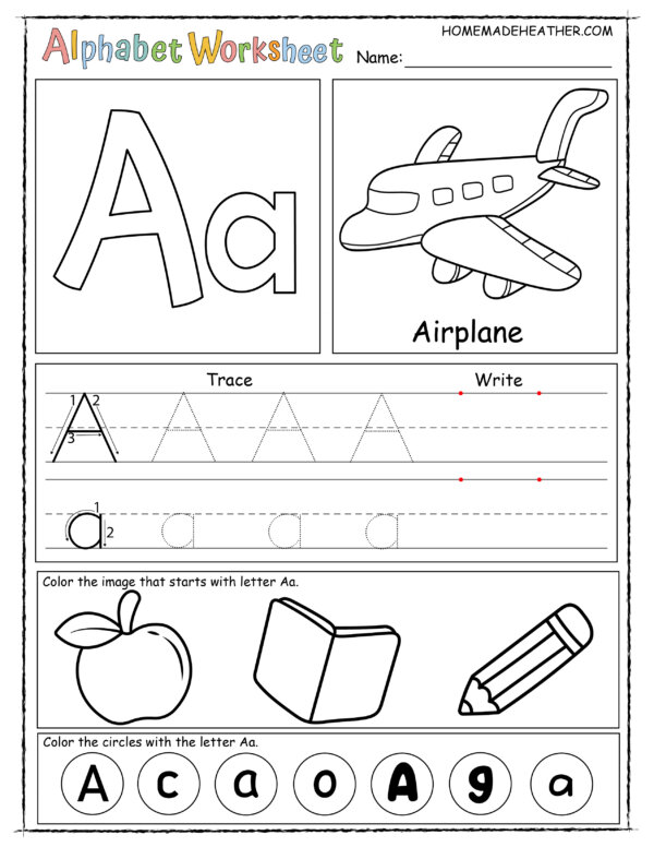 Alphabet printable worksheet for the letter a, with sections for tracing, writing, and coloring images like an airplane, apple, and block, plus circles marked with 'a' and 'a'.