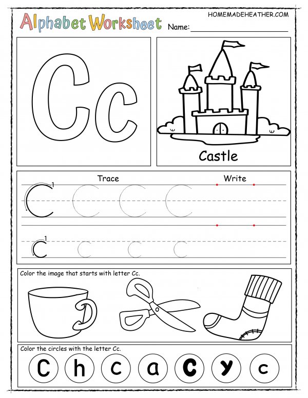 Alphabet worksheet for the letter c, with sections for tracing, writing, and coloring images like a castle, cup, and sock, plus circles marked with 'C' and 'c'.