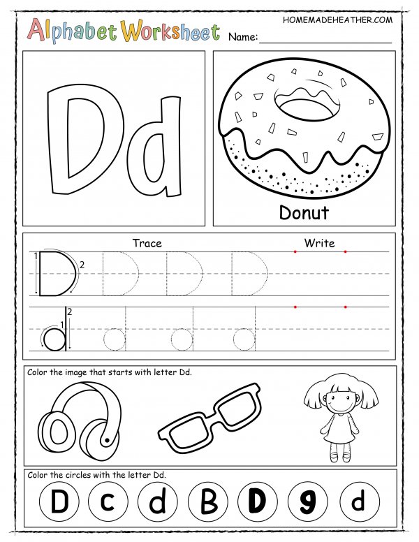 Alphabet worksheet for the letter d, with sections for tracing, writing, and coloring images like a donut, doll, and glasses, plus circles marked with 'D' and 'd'.
