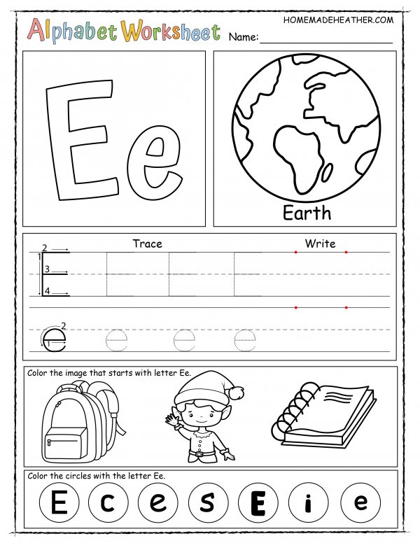 Alphabet worksheet for the letter e, with sections for tracing, writing, and coloring images like earth, elf, and book, plus circles marked with 'E' and 'e'.