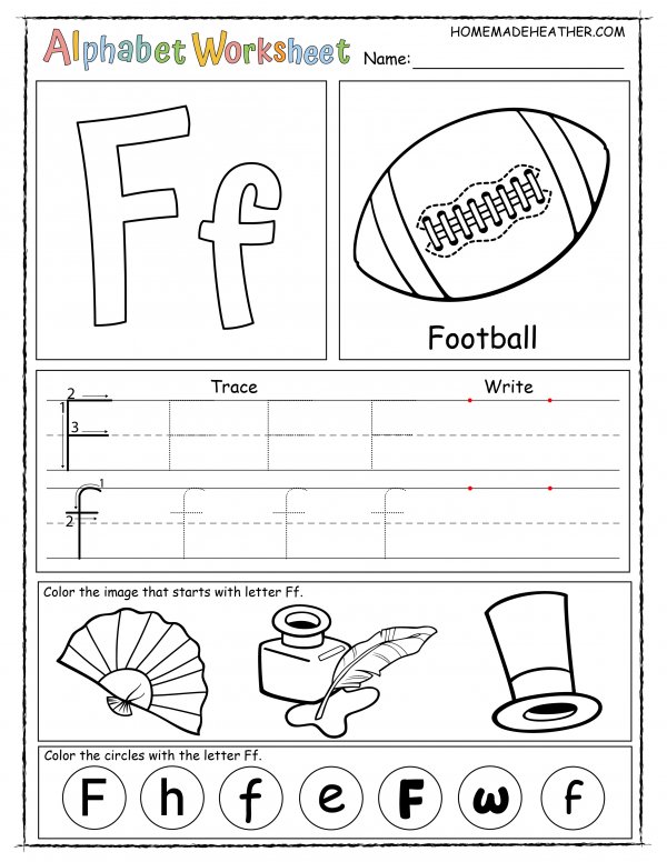 Alphabet worksheet for the letter f, with sections for tracing, writing, and coloring images like a football, fan, and hat, plus circles marked with 'F' and 'f'.