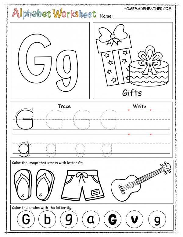 Alphabet worksheet for the letter g, with sections for tracing, writing, and coloring images like gifts, guitar, and shoes, plus circles marked with 'G' and 'g'.