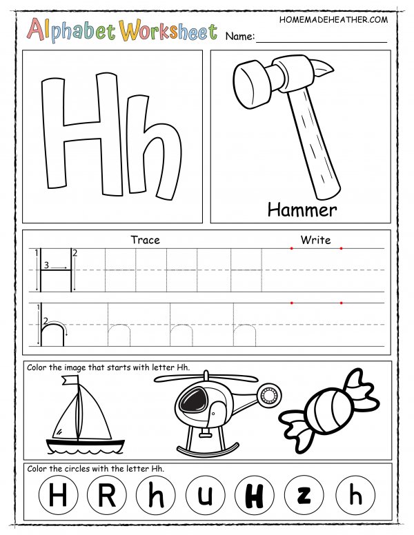 Alphabet worksheet for the letter h, with sections for tracing, writing, and coloring images like a hammer, helicopter, and boat, plus circles marked with 'H' and 'h'.