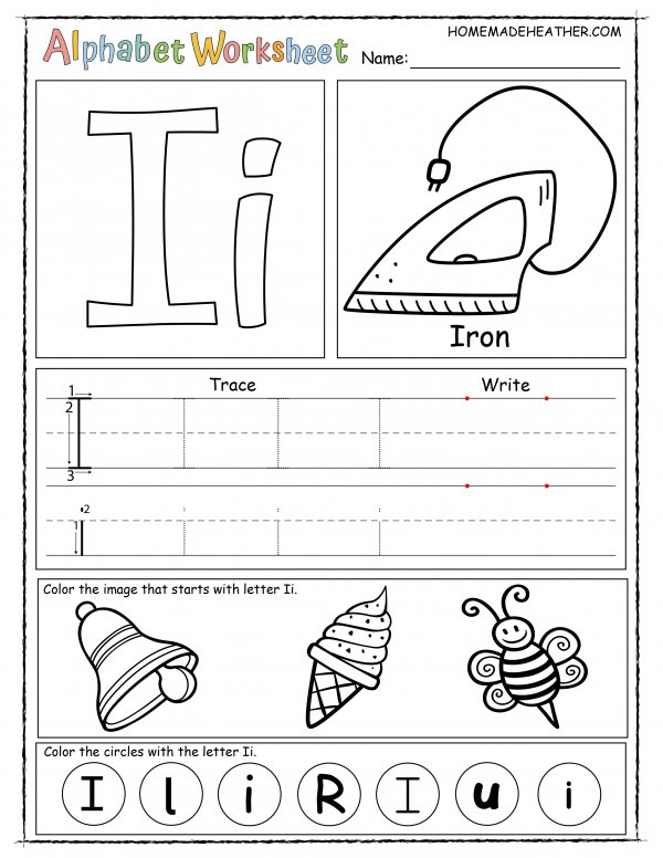 Alphabet worksheet for the letter i, with sections for tracing, writing, and coloring images like an iron, ice cream, and bell, plus circles marked with 'I' and 'i'.