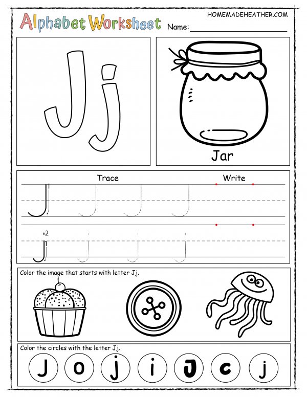Alphabet worksheet for the letter j, with sections for tracing, writing, and coloring images like a jar, jellyfish, and button, plus circles marked with 'J' and 'j'.