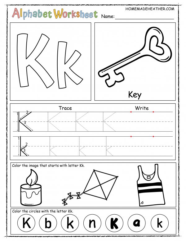 Letter K Printable Worksheet with outline of words that begin with K.