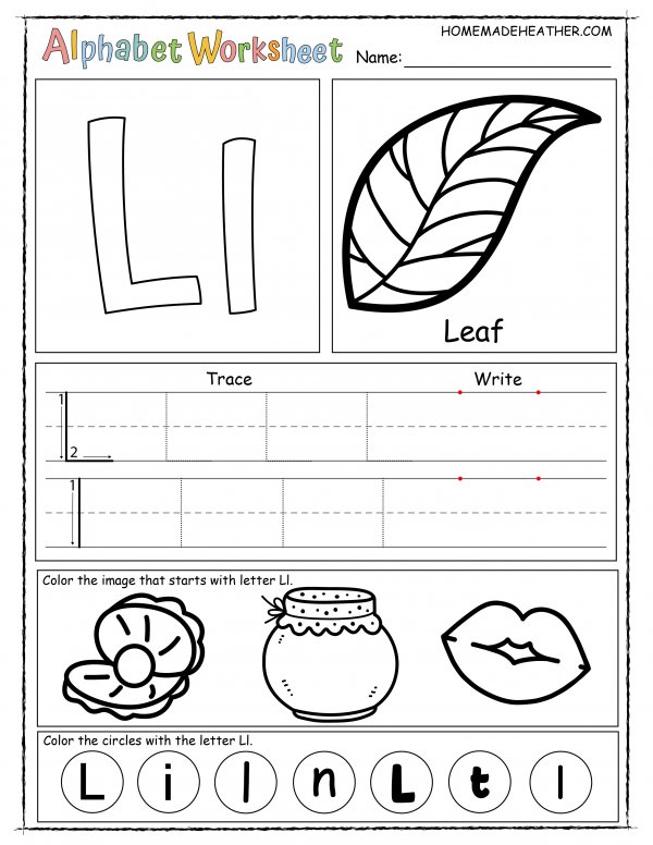 Alphabet worksheet for the letter l, with sections for tracing, writing, and coloring images like a leaf, lips, and jar, plus circles marked with 'L' and 'l'.