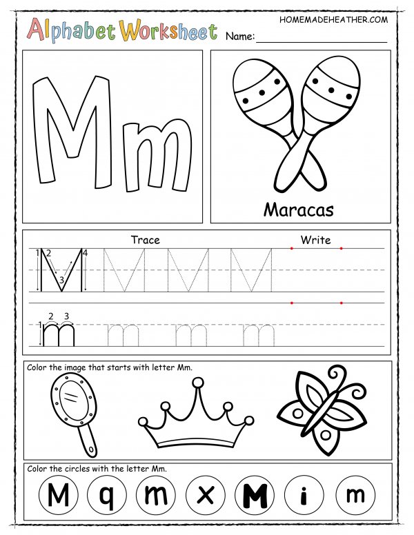 Alphabet worksheet for the letter m, with sections for tracing, writing, and coloring images like maracas, mirror, and crown, plus circles marked with 'M' and 'm'.