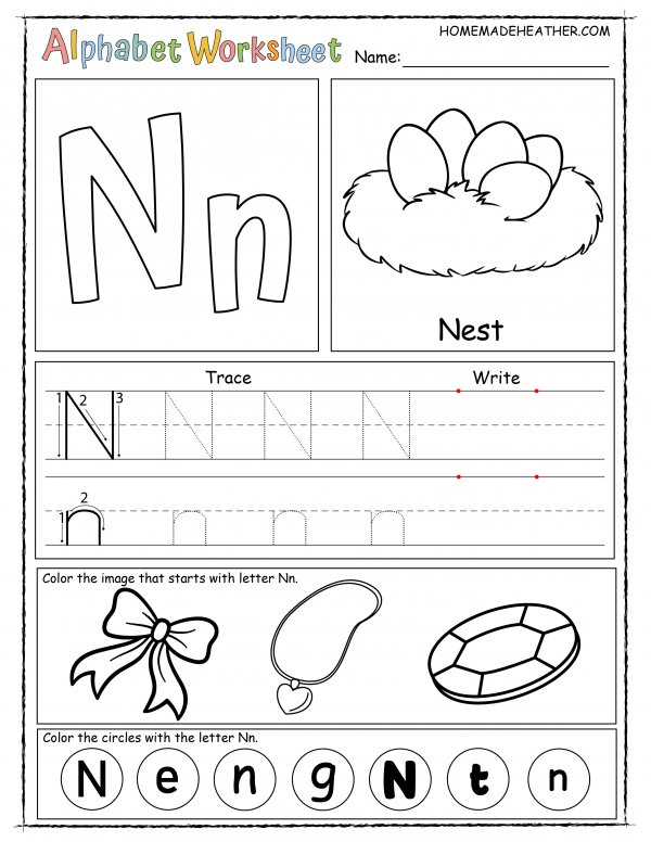 Alphabet worksheet for the letter n, with sections for tracing, writing, and coloring images like a nest, neckalce, and bow, plus circles marked with 'n' and 'N'.