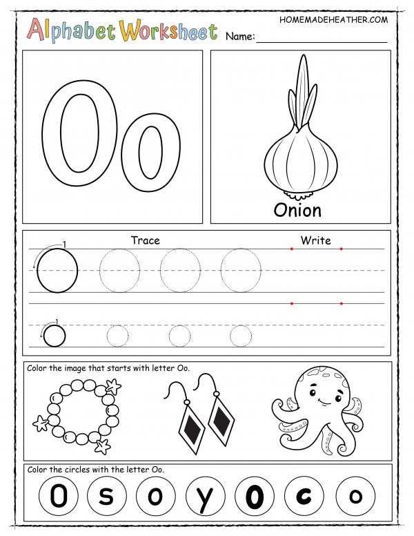 Alphabet worksheet for the letter o, with sections for tracing, writing, and coloring images like an onion, octopus, and earrings, plus circles marked with 'O' and 'o'.