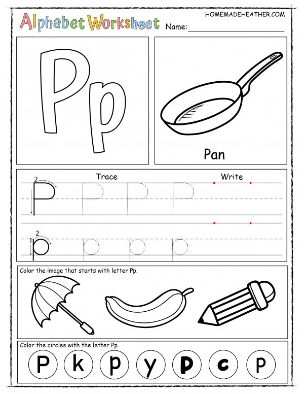 Alphabet worksheet for the letter p, with sections for tracing, writing, and coloring images like a pan, pencil, and umbrella, plus circles marked with 'P' and 'p'.