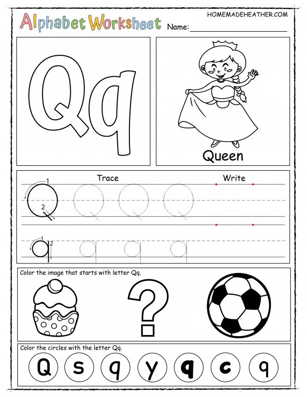 Alphabet worksheet for the letter q, with sections for tracing, writing, and coloring images like a queen, question mark, and cupcake, plus circles marked with 'Q' and 'q'.