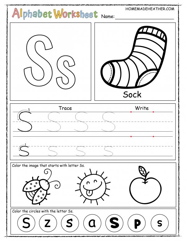 Alphabet worksheet for the letter s, with sections for tracing, writing, and coloring images like a sock, sunshine, and apple, plus circles marked with 'S' and 's'.