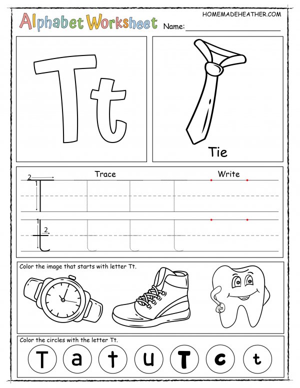 Alphabet worksheet for the letter t, with sections for tracing, writing, and coloring images like a tie, tooth, and shoe, plus circles marked with 'T' and 't'.