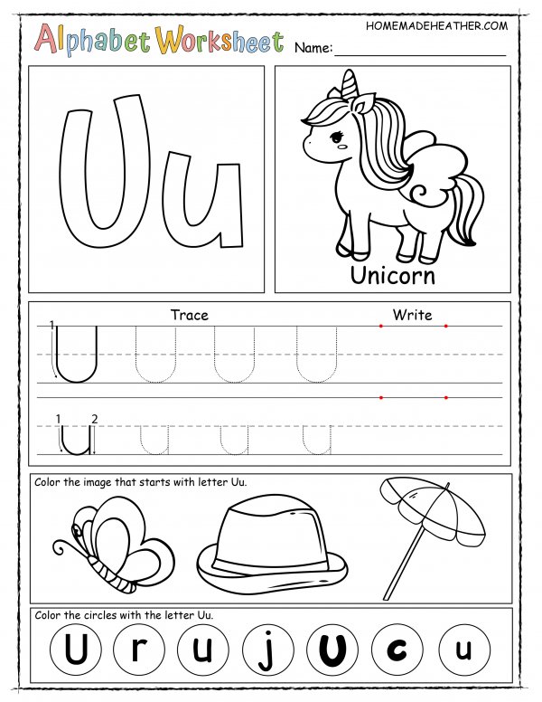Alphabet worksheet for the letter u, with sections for tracing, writing, and coloring images like a unicorn, umbrella, and butterfly, plus circles marked with 'U' and 'u'.