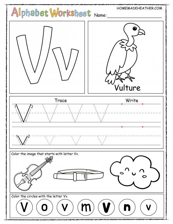Alphabet worksheet for the letter v, with sections for tracing, writing, and coloring images like a vulture, violin, and cloud, plus circles marked with 'V' and 'v'.