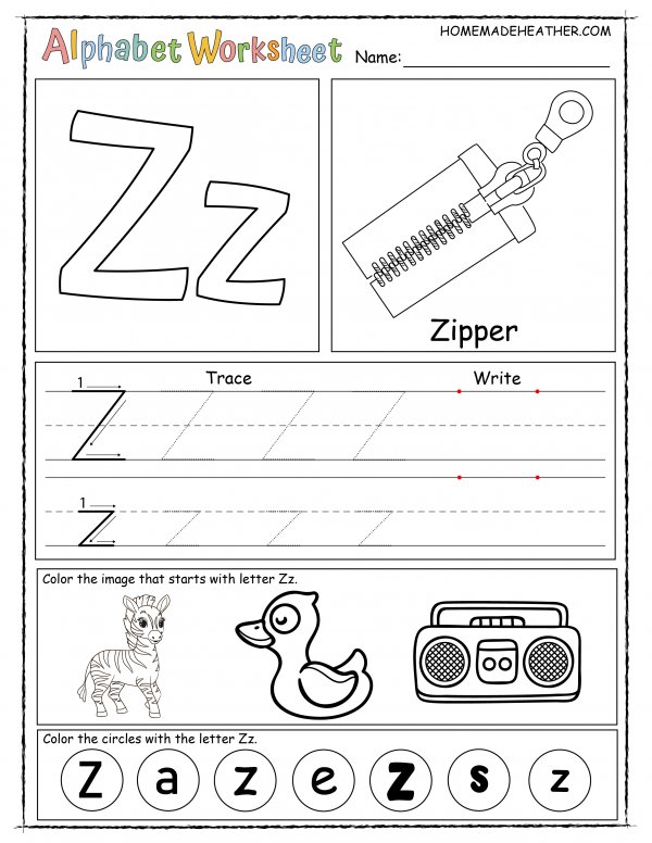Alphabet worksheet for the letter z, with sections for tracing, writing, and coloring images like a zipper, zebra, and duck, plus circles marked with 'Z' and 'z'.