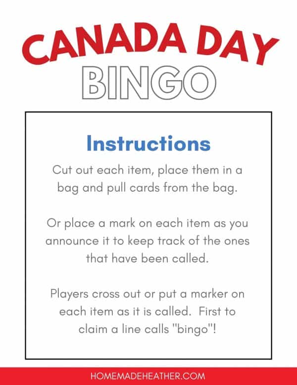 Free Canada Day Bingo Printable Instructions