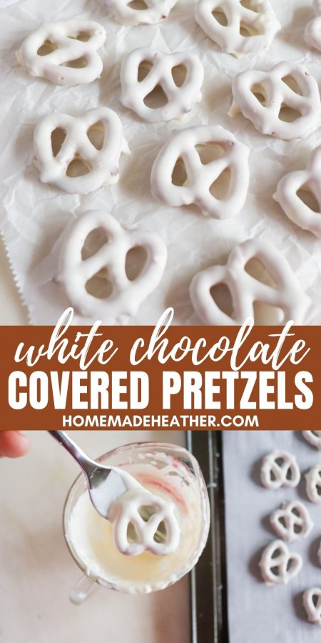 Finished white chocolate covered pretzels and a pretzel being dipped into white chocolate.