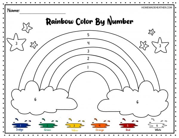 Rainbow color by number activity free printable.