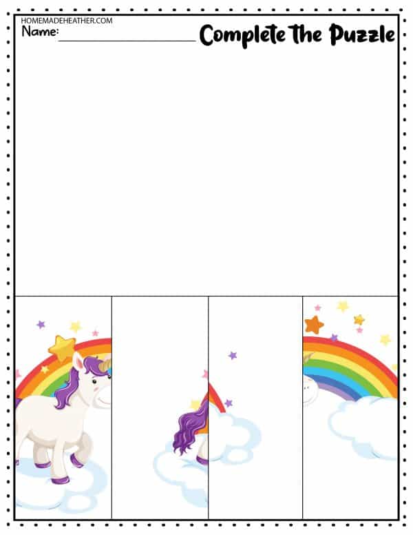 Complete the puzzle cut and paste free rainbow and unicorn activity printable.