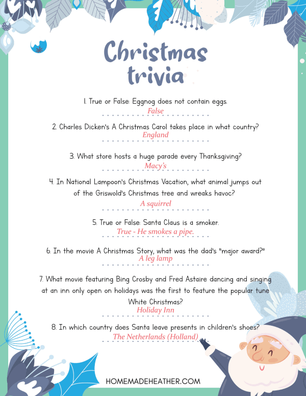 beach activity set Free Christmas Trivia Printables
