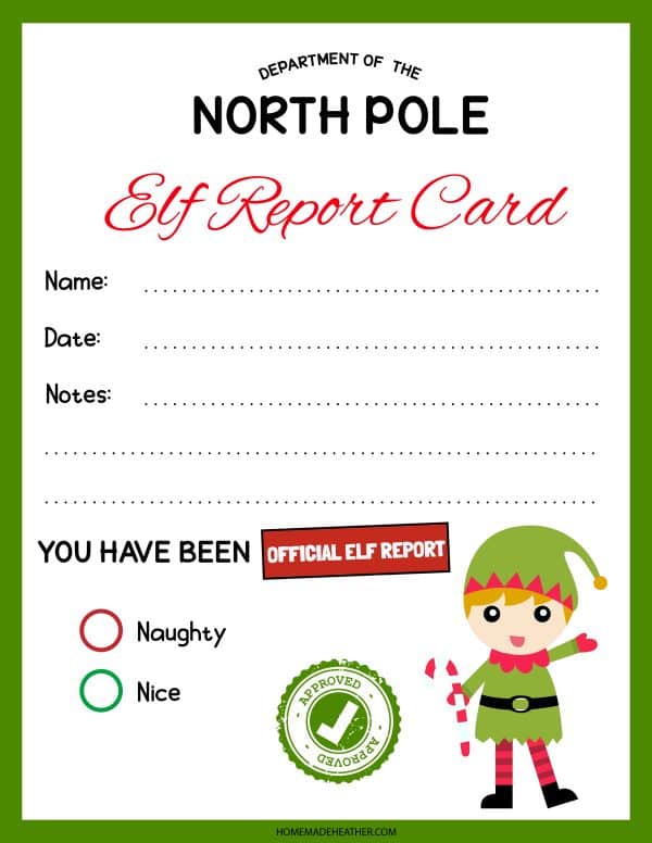 Elf Activity Printable Report Card