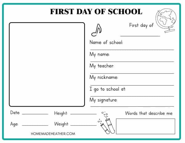 First day of school printables with a space to put a picture of the child and describe them.