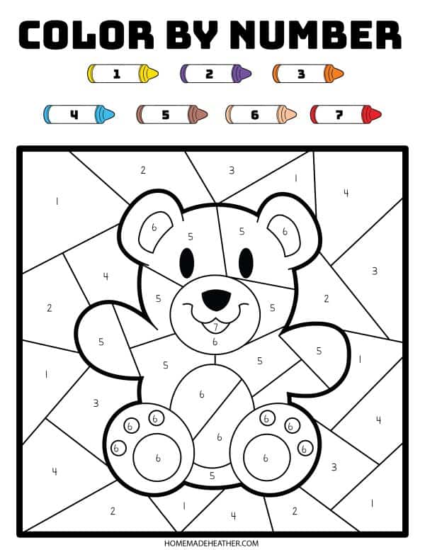 beach activity set Valentine bear color by number.