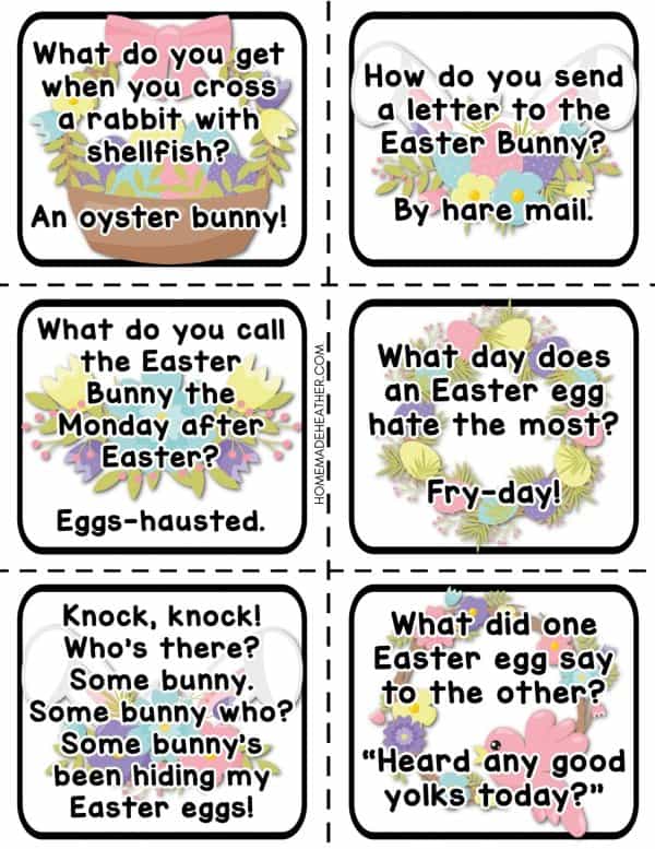 Easter Jokes typed on cut out printables.