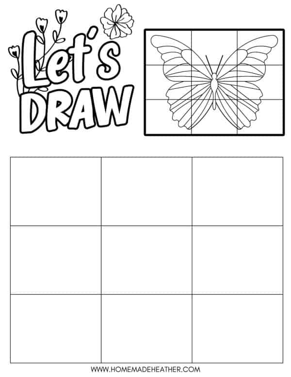 Printable with a grid and an example of how to draw a butterfly.